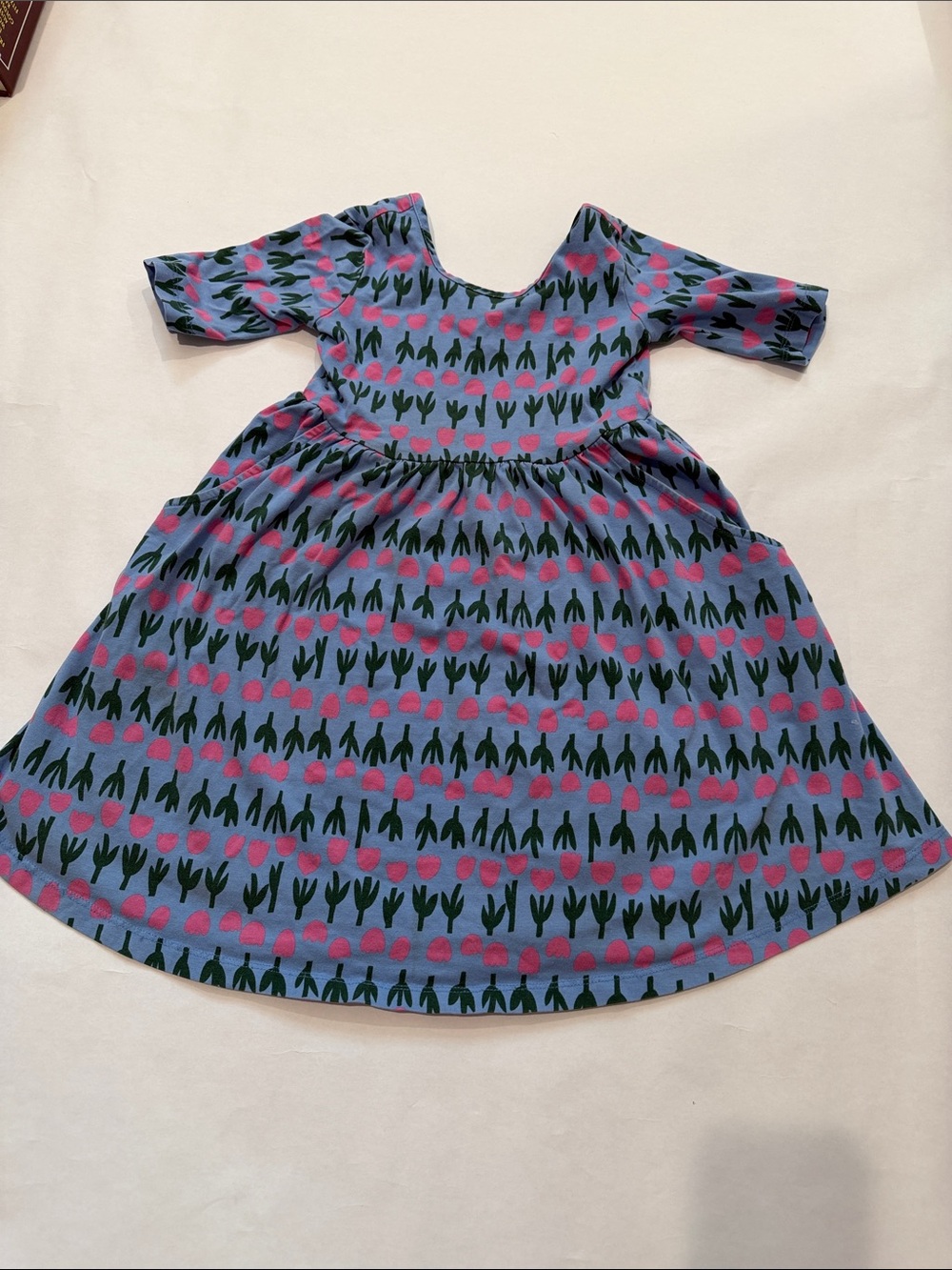 Hanna Andersson Blue Knit Dress with Pink Tulip Motif